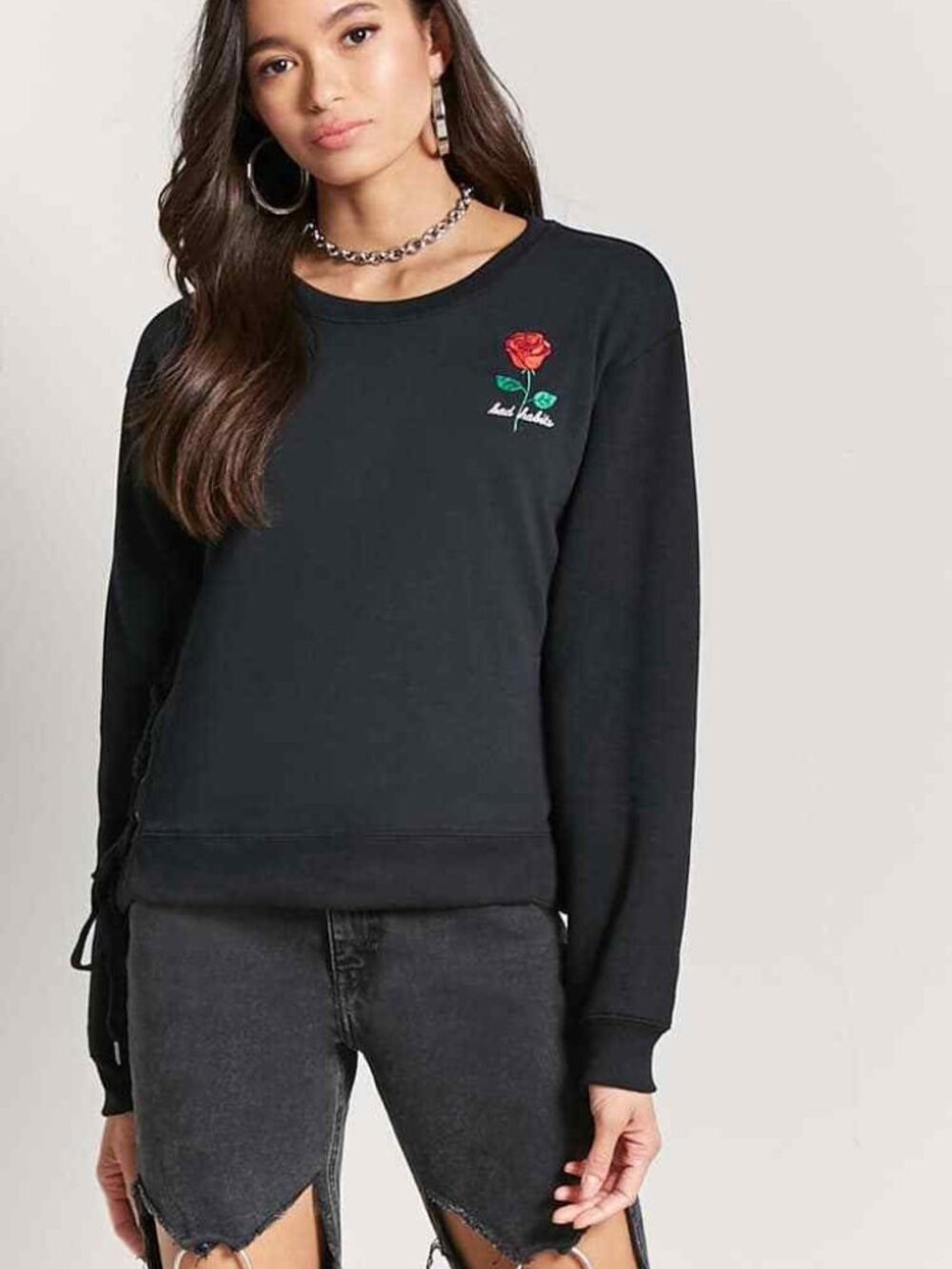 FOREVER 21 Black White Bad Habits Lace-Up Sweatshirt Small S
